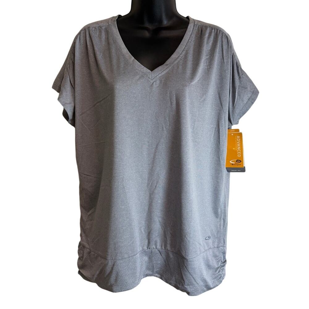 Champion Duo Dry Womens Large Gray Athletic V Neck Shirt Short Sleeve Loose Fit